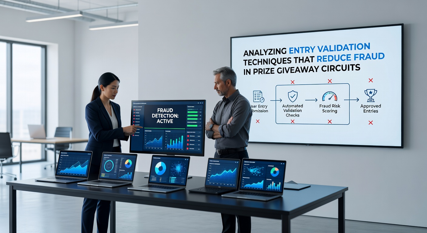 Overview of entry validation systems in digital prize promotions showing layered security checks and fraud detection dashboards