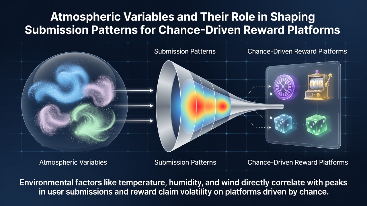 Weather patterns and digital entry submissions on reward platforms visualized through atmospheric data overlays