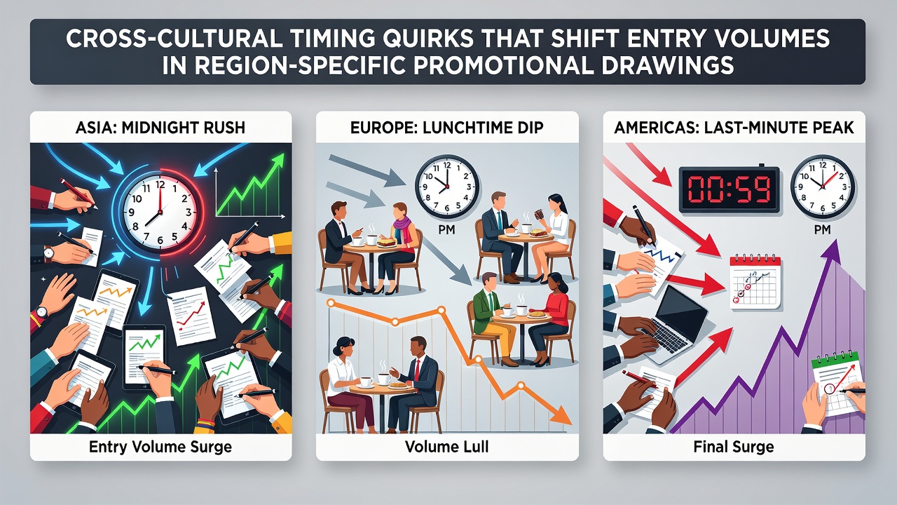 Global map showing entry volume spikes across different time zones and cultural regions during promotional campaigns