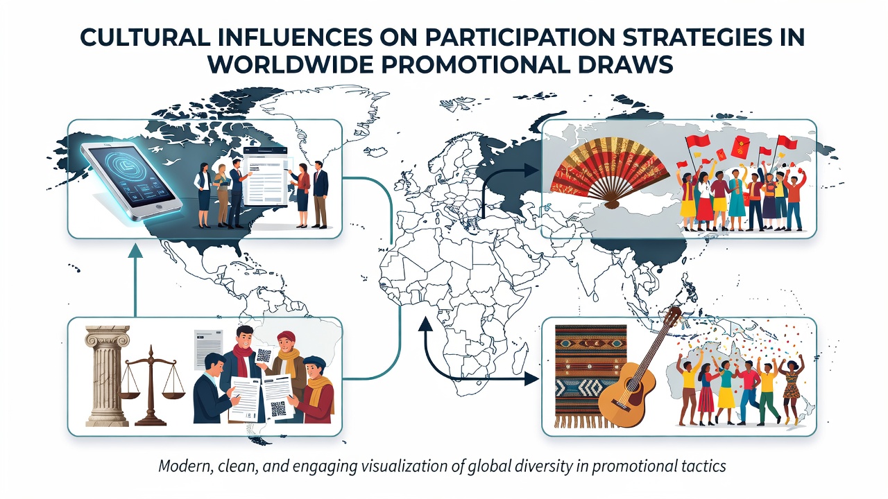 Global map highlighting cultural regions with promotional draw participation patterns overlaid on major continents