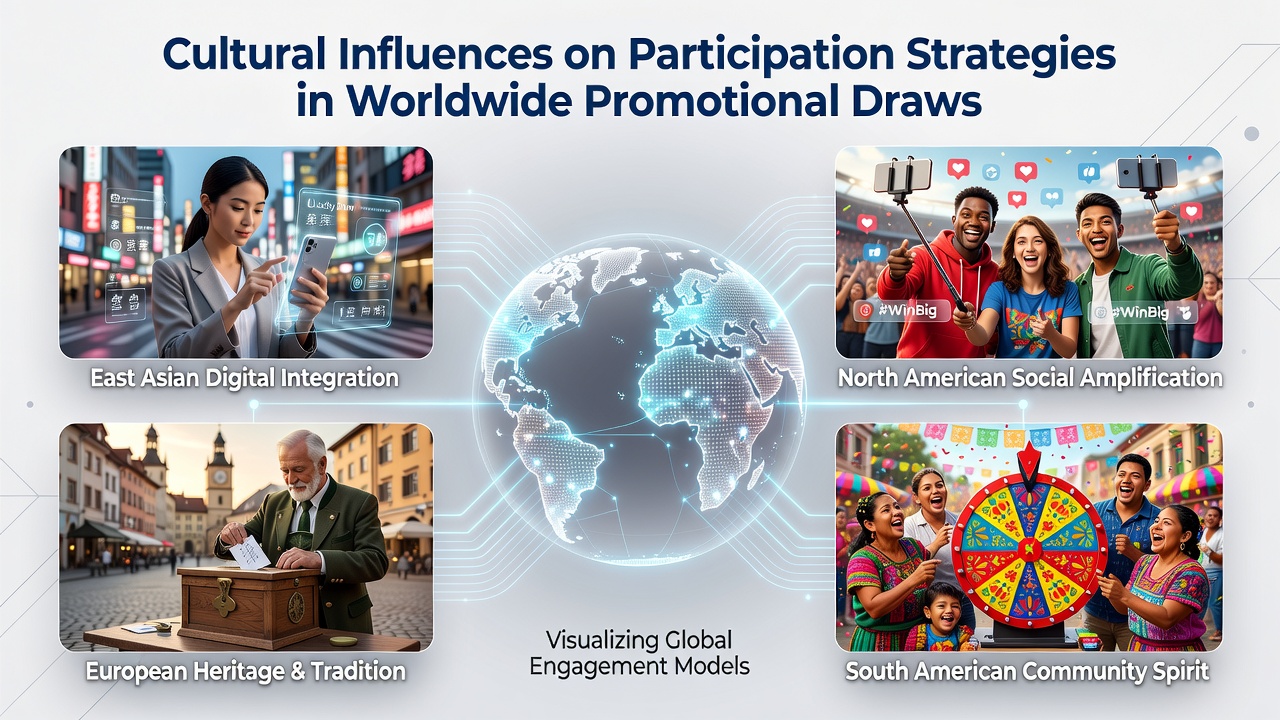Diverse group of people from different cultural backgrounds engaging with mobile devices during a promotional draw entry session