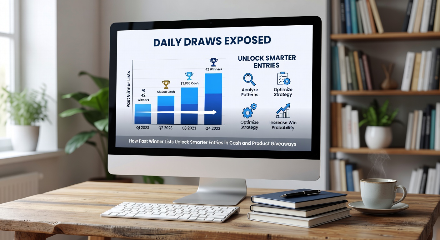 A digital screen displaying a list of past giveaway winners with cash prizes and product images highlighted