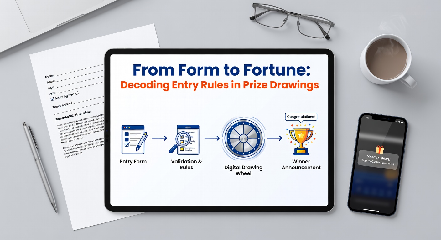 A close-up of a detailed entry form for a prize drawing, highlighting sections on eligibility, deadlines, and submission rules with a magnifying glass overlay