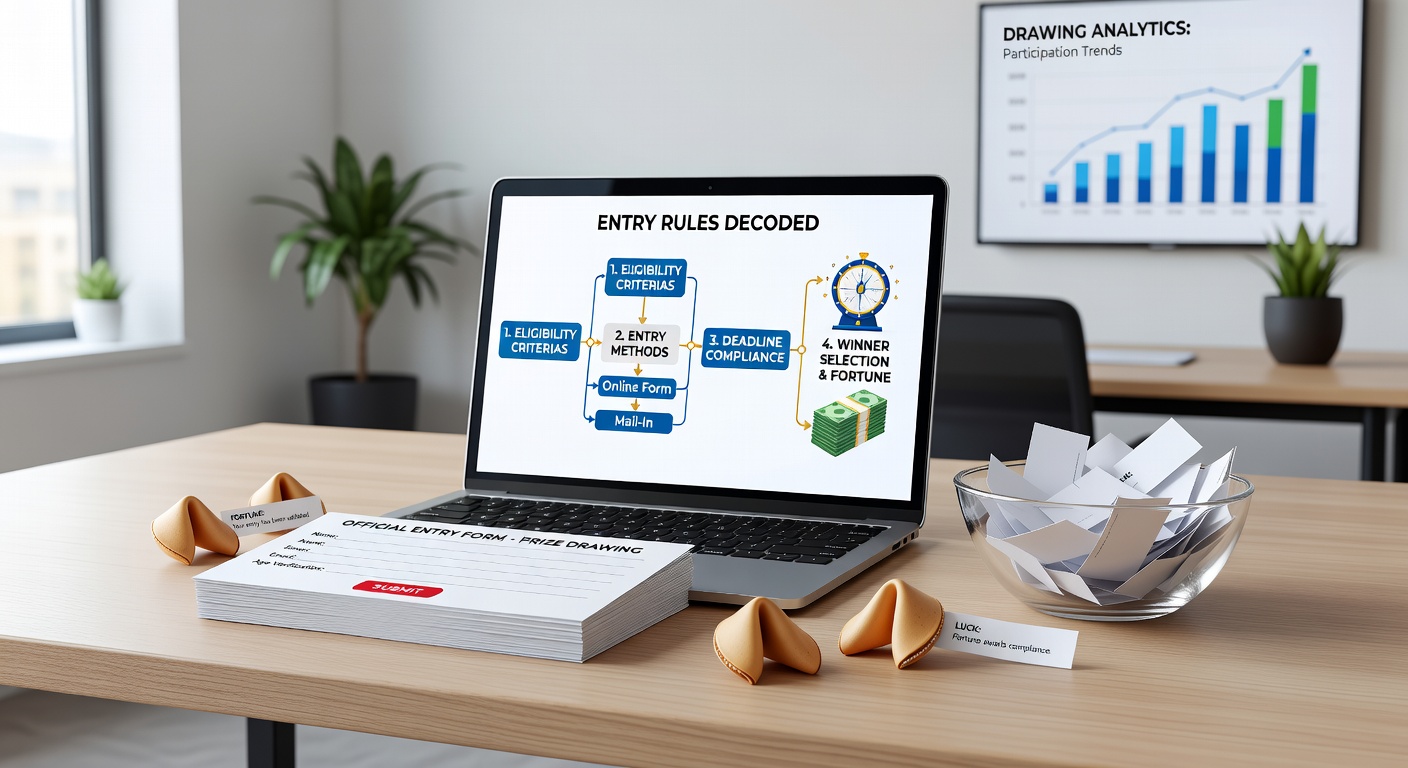 An illustration of various entry methods including online forms, mail-in envelopes, social media icons, and mobile apps, connected by arrows showing the path to prize entry