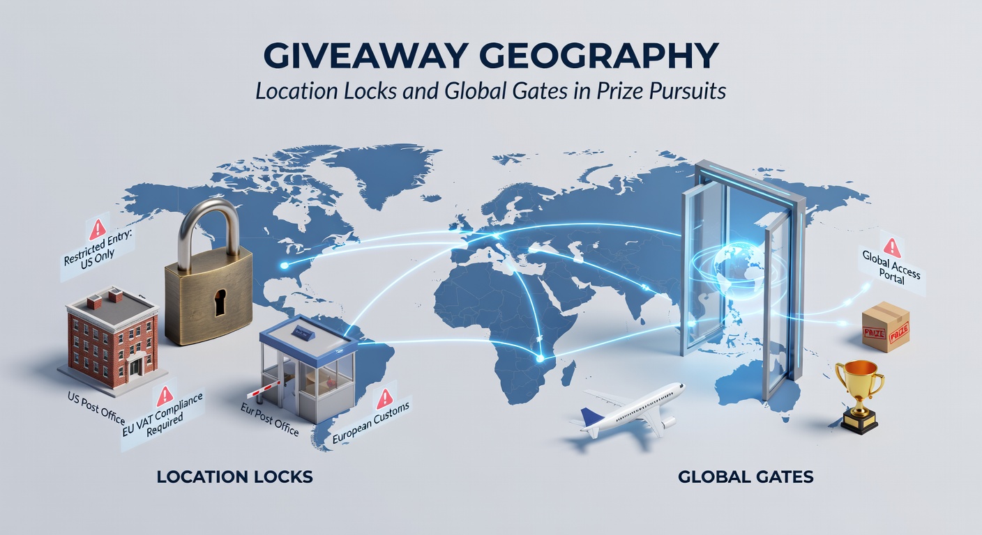 World map highlighting restricted giveaway zones with locks on certain countries and open gates on others, illustrating geo-fencing in sweepstakes