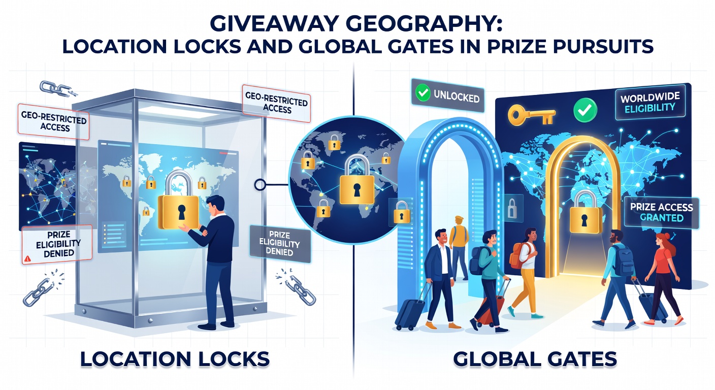 Digital globe with open gateways connecting continents, showing worldwide sweepstakes entry points and flowing prize streams across maps
