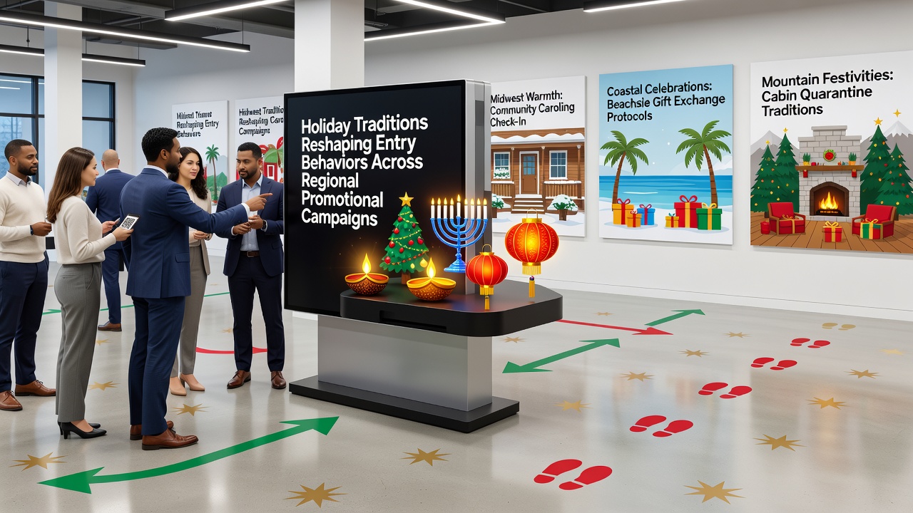 Regional holiday decorations and digital entry interfaces blending cultural symbols with promotional campaign screens