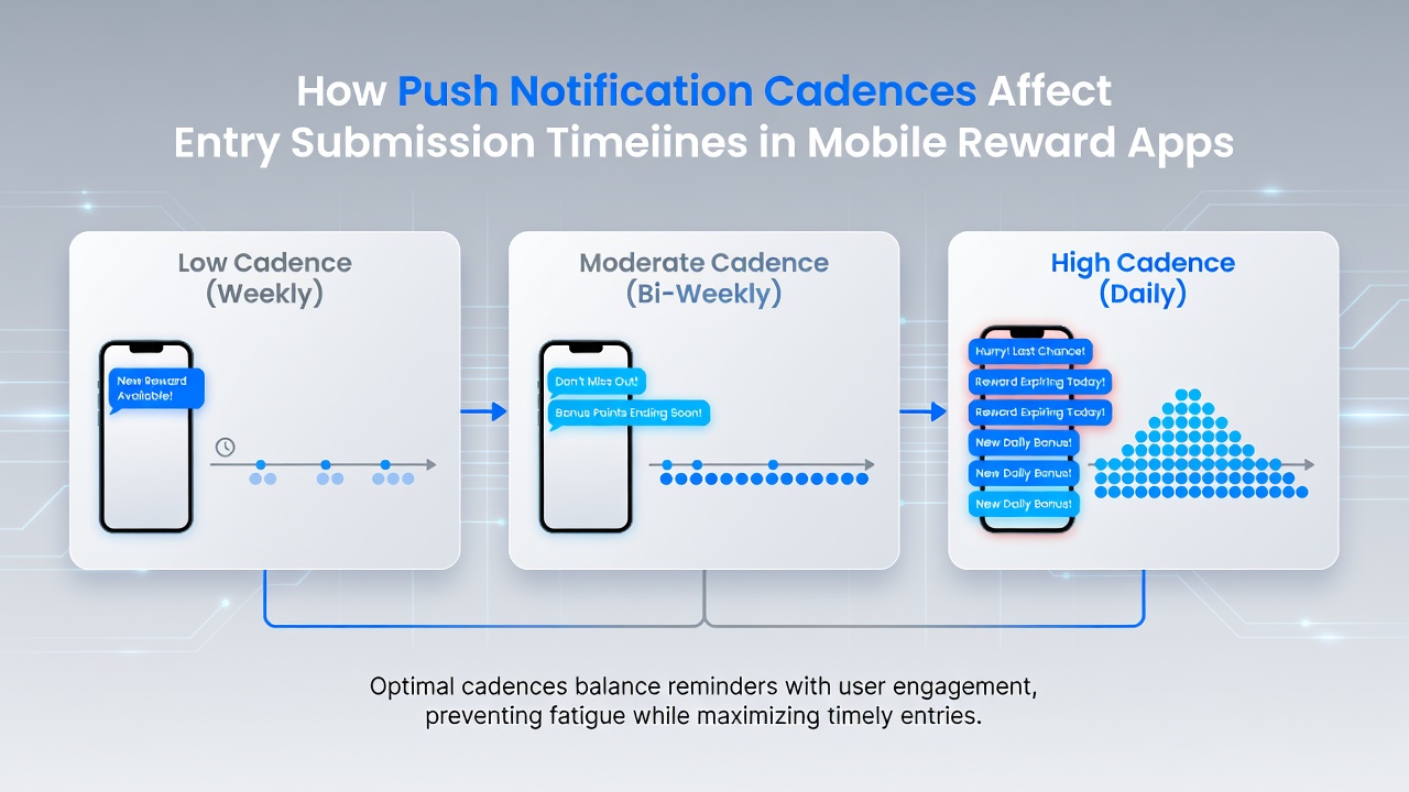 Mobile reward app interface showing push notification settings and entry submission timeline