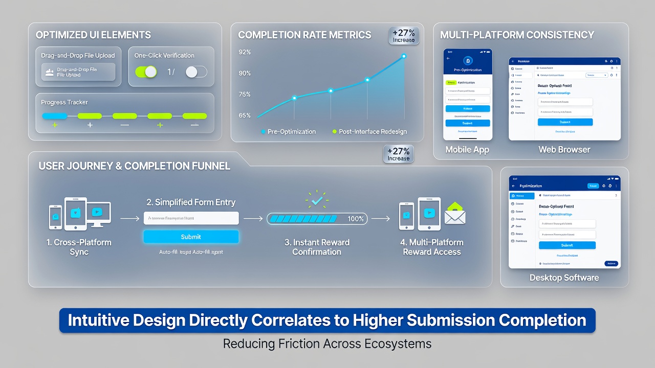 Close-up view of reward submission buttons and progress indicators on different device screens demonstrating responsive design