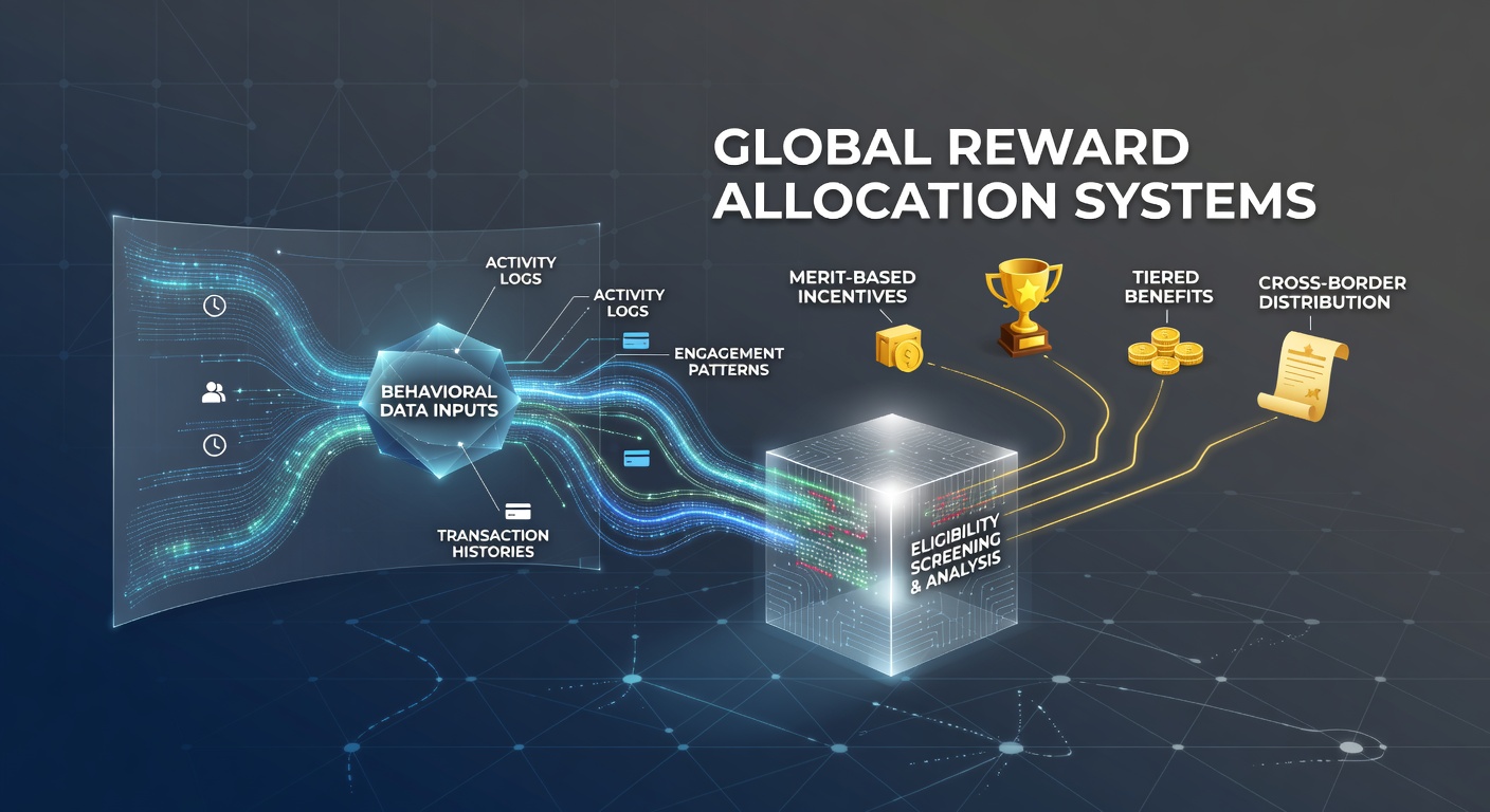 Global reward allocation dashboard showing behavioral analytics overlaid with eligibility screening filters for international participants