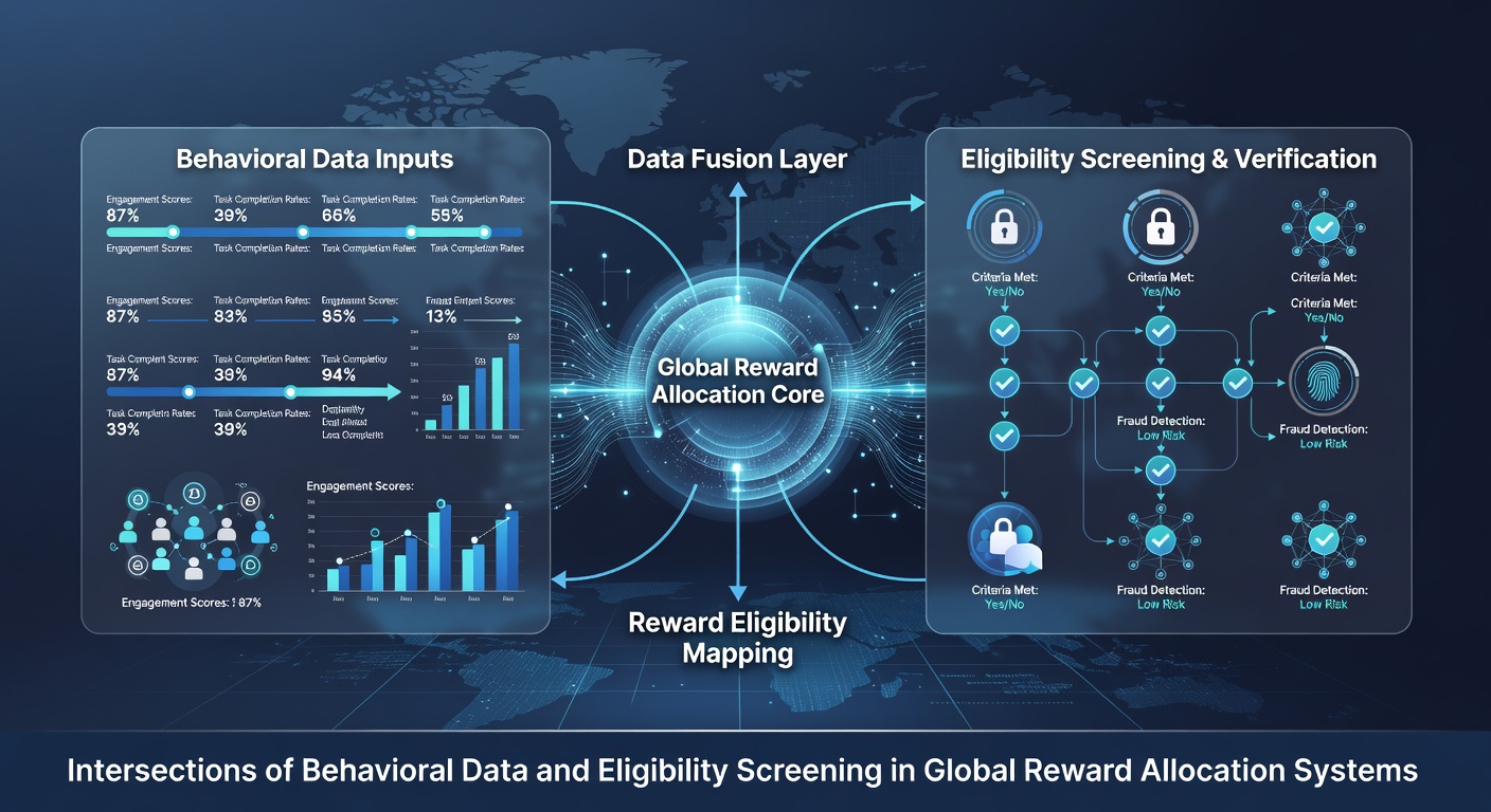 Data flow diagram illustrating how behavioral patterns feed into eligibility decision engines for worldwide reward distribution