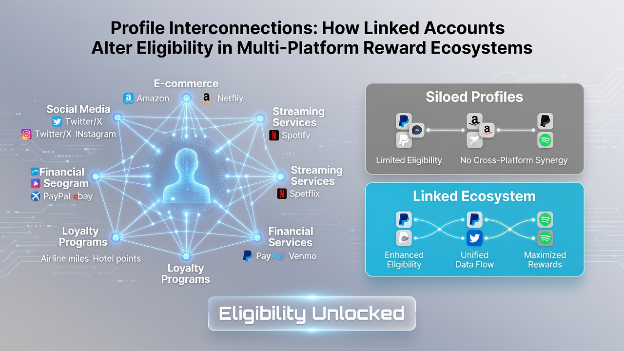 Diagram depicting data flow between linked reward accounts and eligibility verification nodes