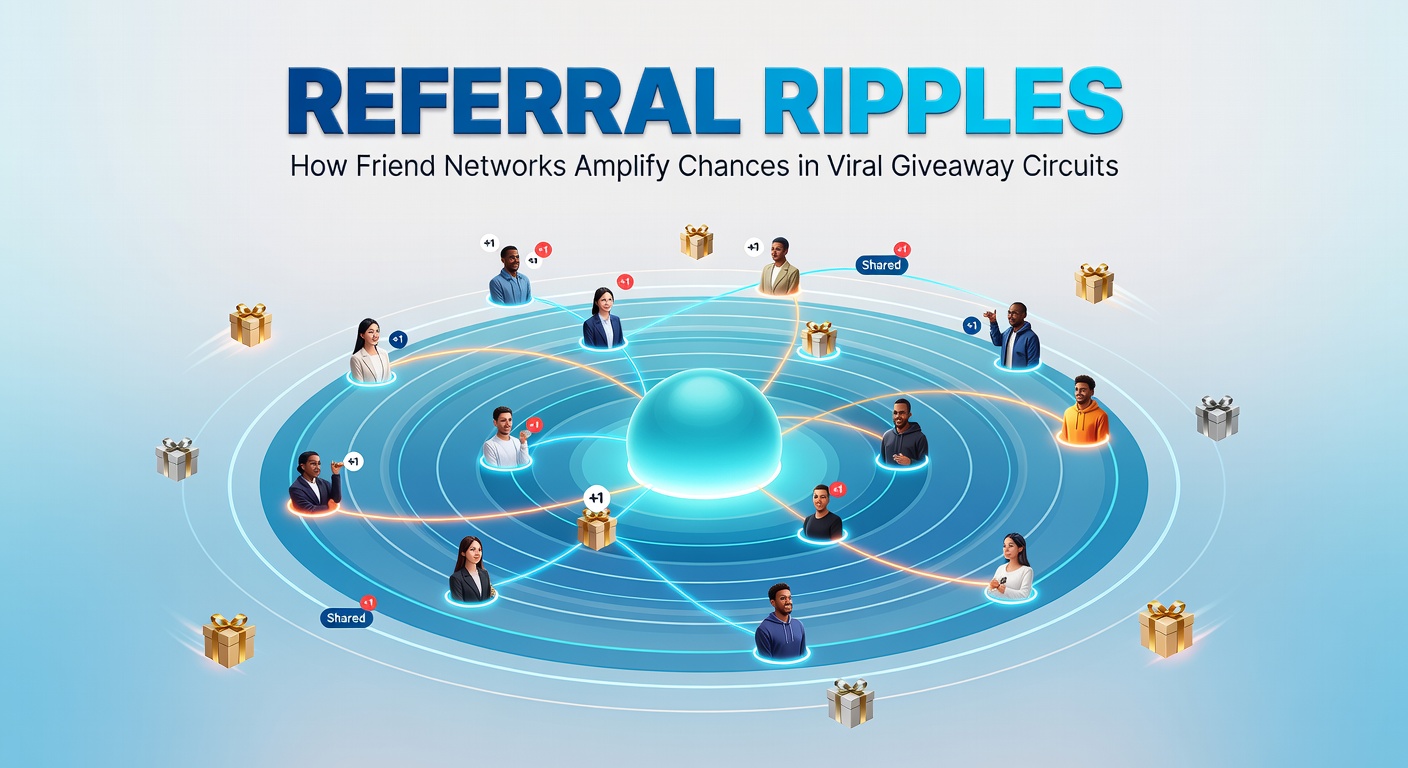 Illustration of interconnected friend networks expanding giveaway entries like ripples in water