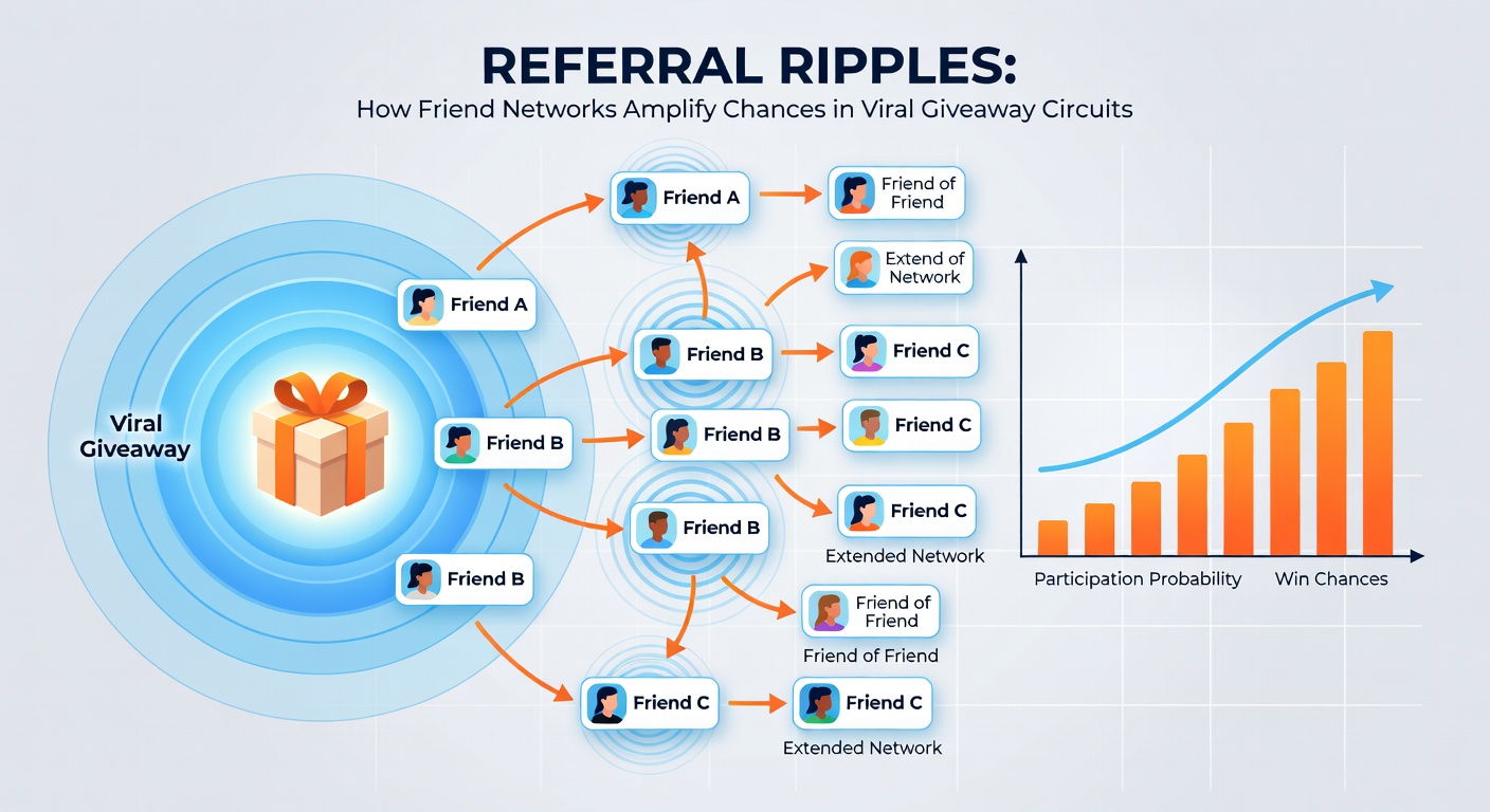 Network diagram showing referral chains branching out from a central entrant in a giveaway contest