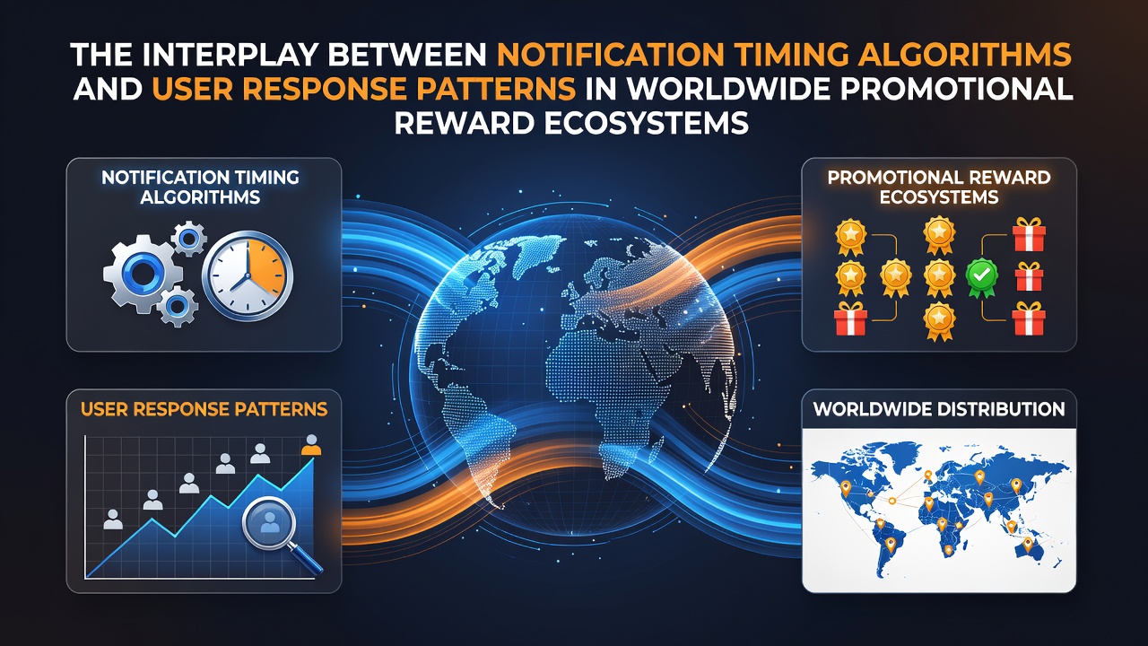 Diagram showing notification timing algorithms interacting with global user response data in promotional reward platforms