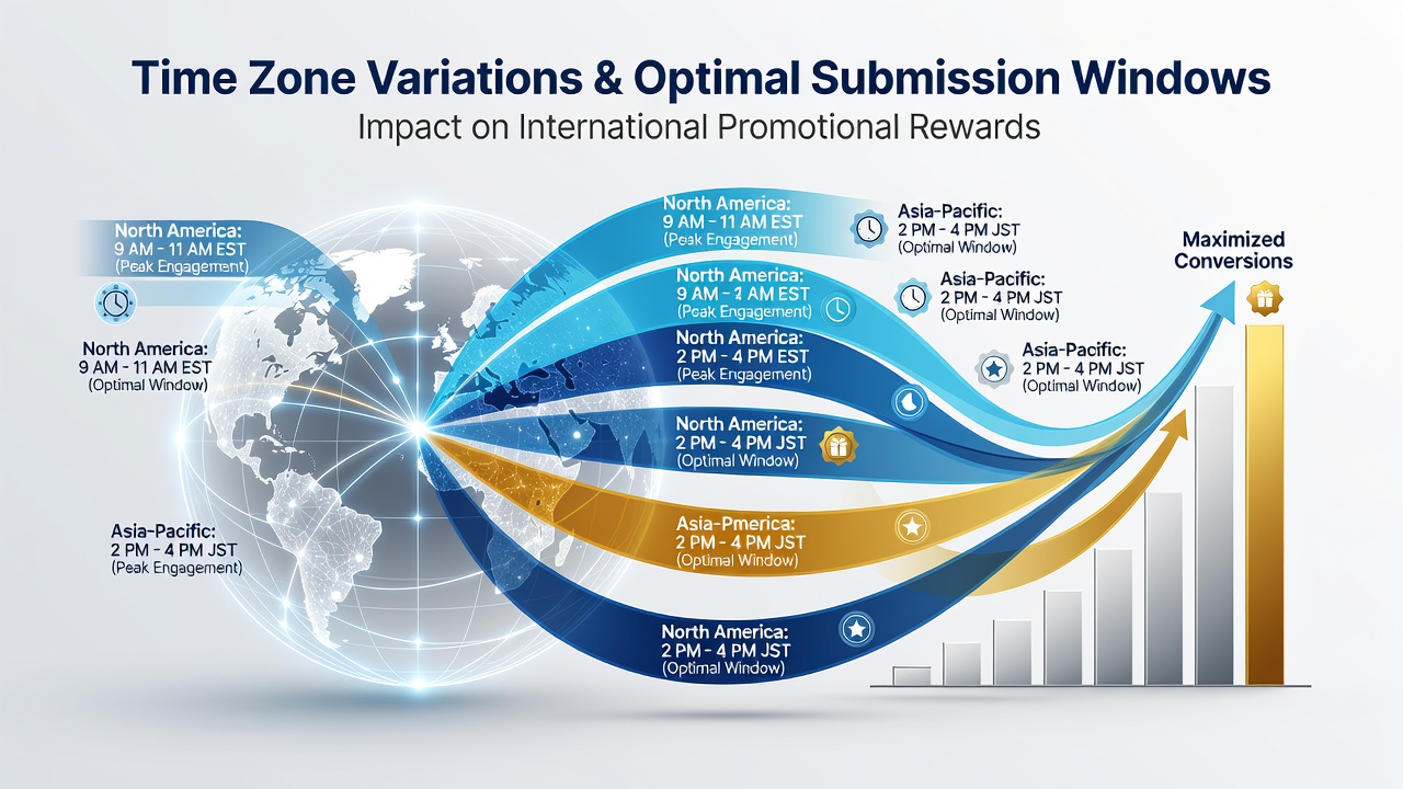 Global time zone map illustrating variations in promotional reward submission deadlines across continents