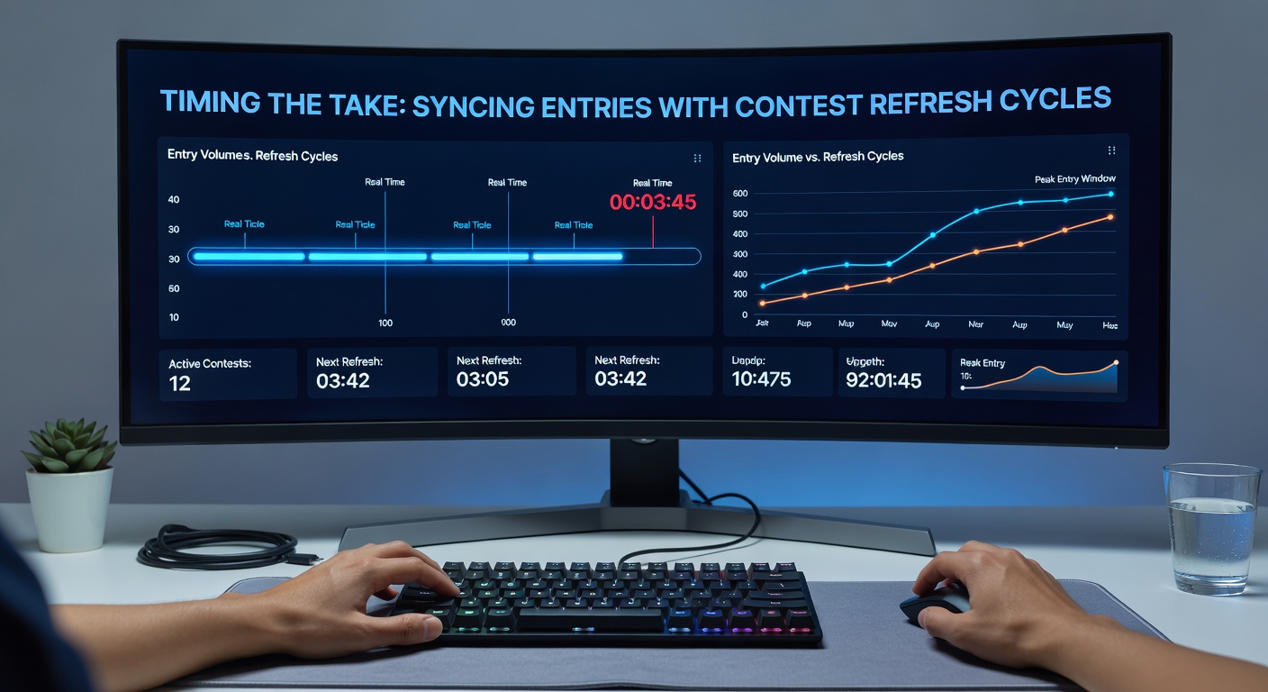Calendar overlay on a sweepstakes dashboard highlighting refresh cycles and optimal entry windows with timestamps