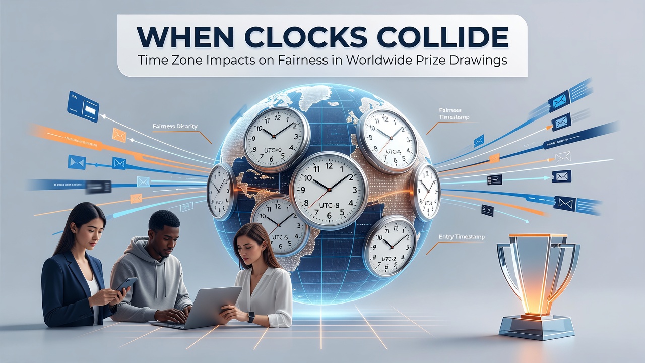 World map highlighting time zone boundaries and entry deadline markers for global prize events